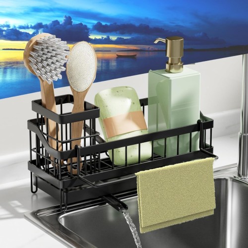 VILCEN Sink Organiser, Kitchen Organiser Stainless Steel with Self-Draining Drain Tray for Sponge Holder, Towel Holder, Dish Cloth Holder, Super Organiser for Kitchen and Bathroom, Black