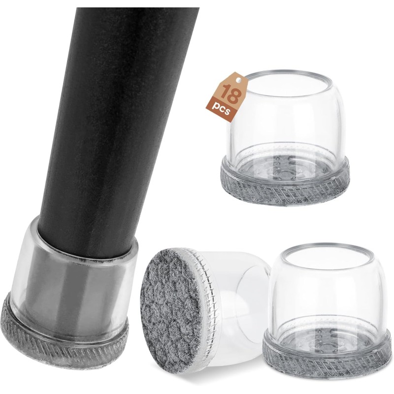 Euqvunn Pack of 18 round chair leg caps, protective caps for chair legs with felt gliders, silicone chair leg protectors, foot caps for chair legs, chair gliders for chair leg, floor protectors for