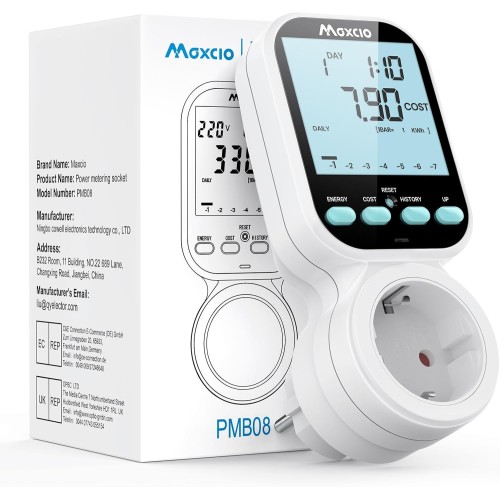 Wattmeter Socket, Digital Electricity Meter, Maxcio with 7 Modes, Energy Saving Socket with Backlit LCD Display, Power Monitoring for Large Appliances