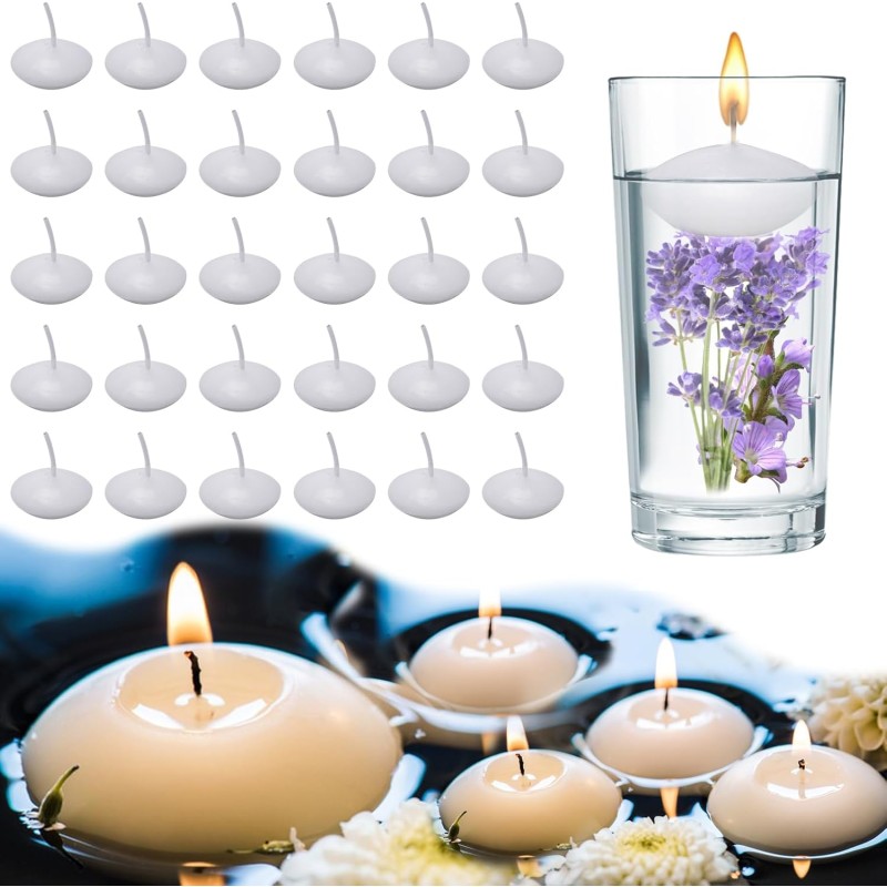 Pack of 30 Floating Candles, White, Floating Candles 40 x 20 mm, Floating Candles, Floating Candle Holder for Wedding, Pool, SPA, Valentine's Day, Bathtub, Dinner, Christmas Decoration (White)