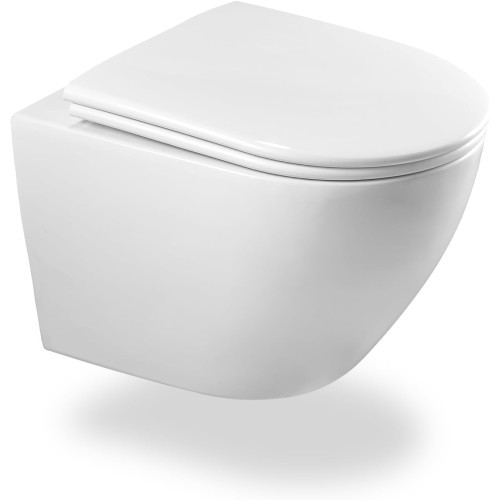 Rimless Toilet with Toilet Lid, Hanging Toilet Made of Ceramic, Modern Toilet Set, Toilet Lid D Shape (White)