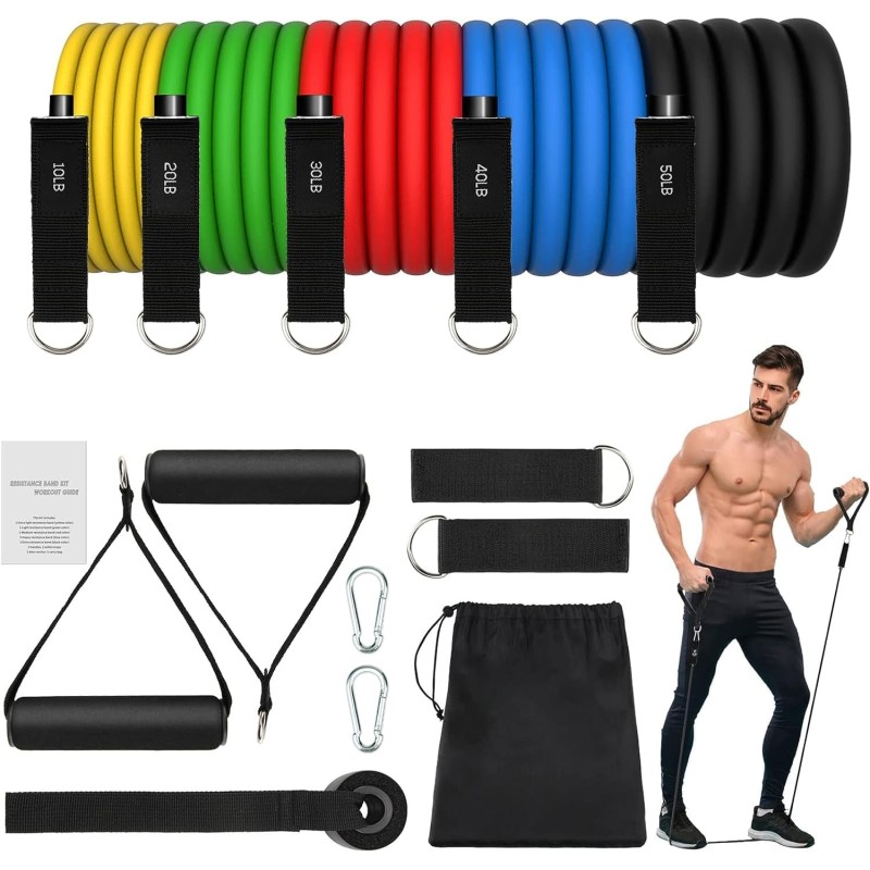 Fitness Bands Resistance Bands with 8 Levels, 300 lbs Resistance Bands with Door Anchor, 2 x Handles, Exercise Instructions & Carry Bag & Ankle Strap, Fitness Band for Muscle Building, Yoga, Pilates, 1.2 m x Set of 8