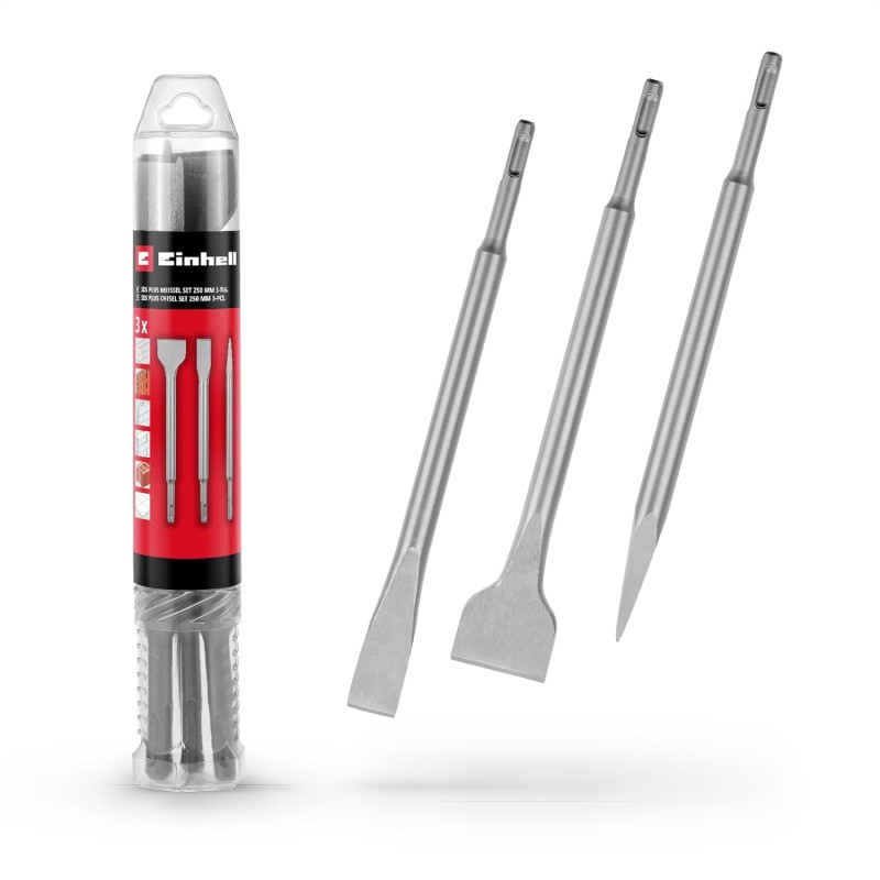 Genuine Einhell 3 Piece SDS Plus Chisel Set 250mm (With Pointed Chisel, 20mm Wide Flat Chisel and 40mm Wide Spade Chisel Made from Durable 40Cr Steel for Demolition and Renovation Work)