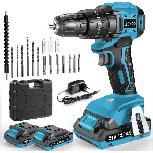 LEEIKOO Cordless Screwdriver 21 V, Brushless Cordless Drill with 2 Batteries 2.0 Ah, 45 N.m Battery Drill, 20 + 3 Torque Levels, 10 mm Drill Chuck, 2 Gear, 14 Pieces Accessory Set for Garden DIY
