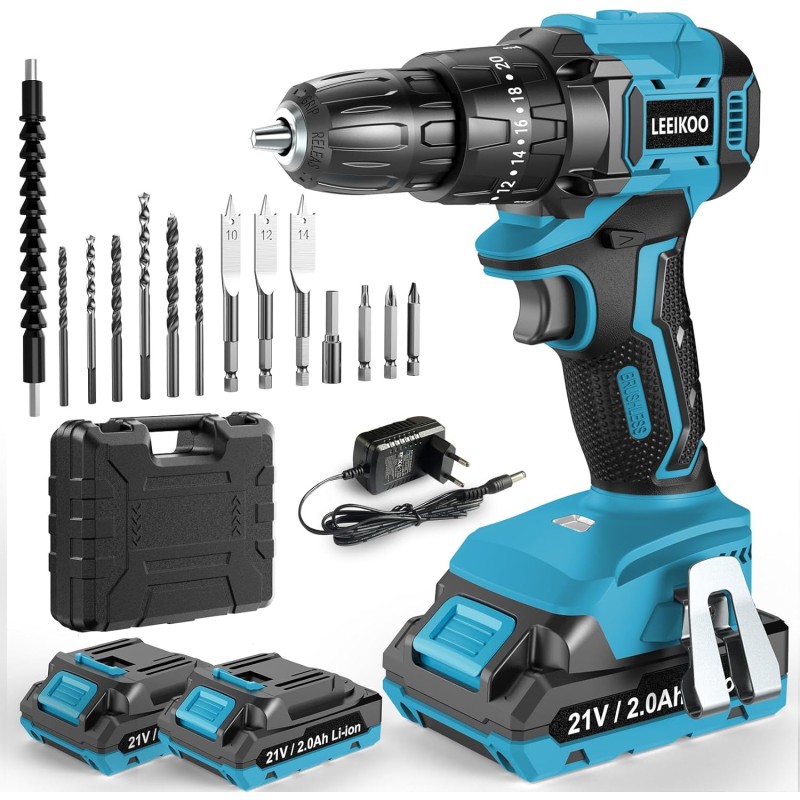 LEEIKOO Cordless Screwdriver 21 V, Brushless Cordless Drill with 2 Batteries 2.0 Ah, 45 N.m Battery Drill, 20 + 3 Torque Levels, 10 mm Drill Chuck, 2 Gear, 14 Pieces Accessory Set for Garden DIY