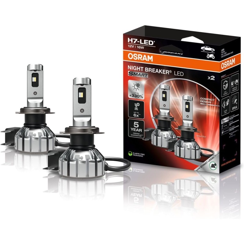 Osram Night Breaker LED Smart H7; up to 330% more brightness; 6000 K, 12 V, LED high and low beam with road approval, white