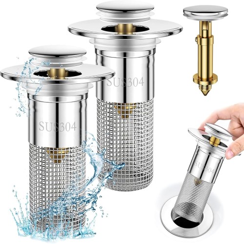 Pack of 2 Sink Plugs for 34-40 mm, Universal Pop-Up Drain Strainer, Drain Plug for Sink, Drain Plug Sink with Hair Strainer, Drain Plug for Countertop Sink (2)