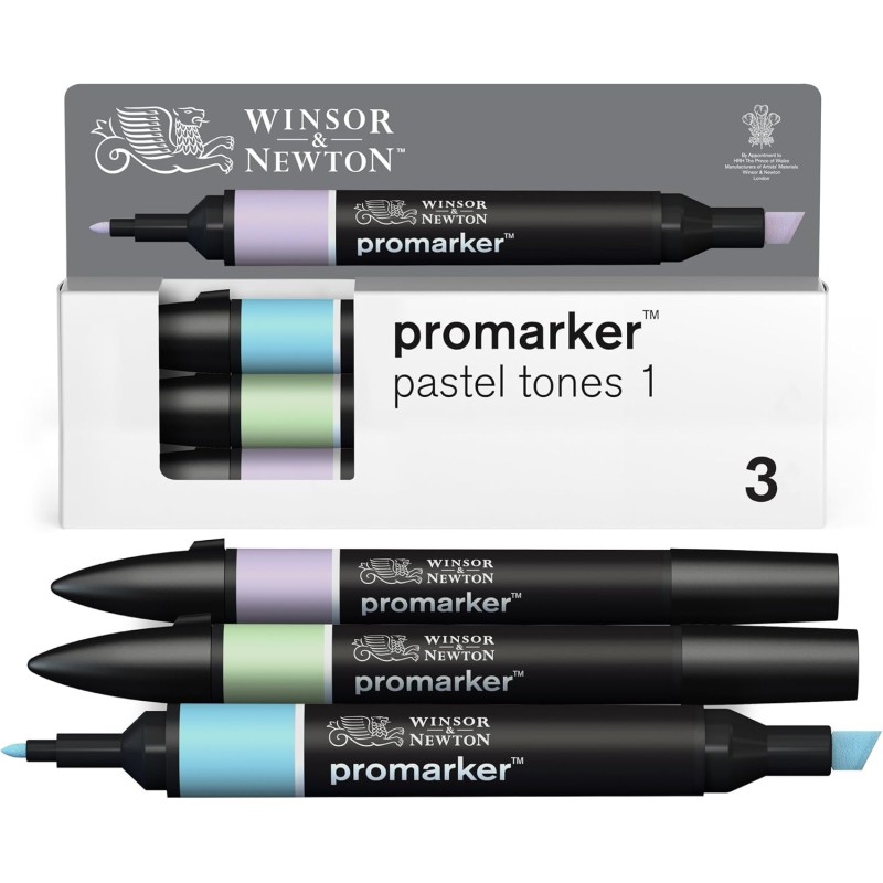Winsor & Newton 0290187 ProMarker Set - Pastel Shades 1, 3 Layout Markers in a Set, with 2 Tips, Fine and Wide for Drawings, Design and Layouts