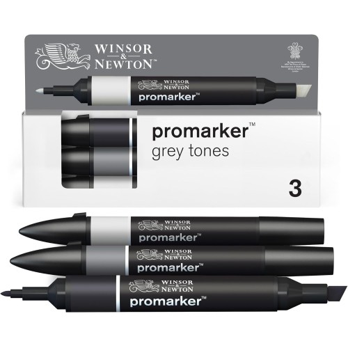 Winsor & Newton 0290185 ProMarker Set - Grey Tones, 3 Layout Markers in a Set, with 2 Tips, Fine and Wide for Drawings, Design and Layouts