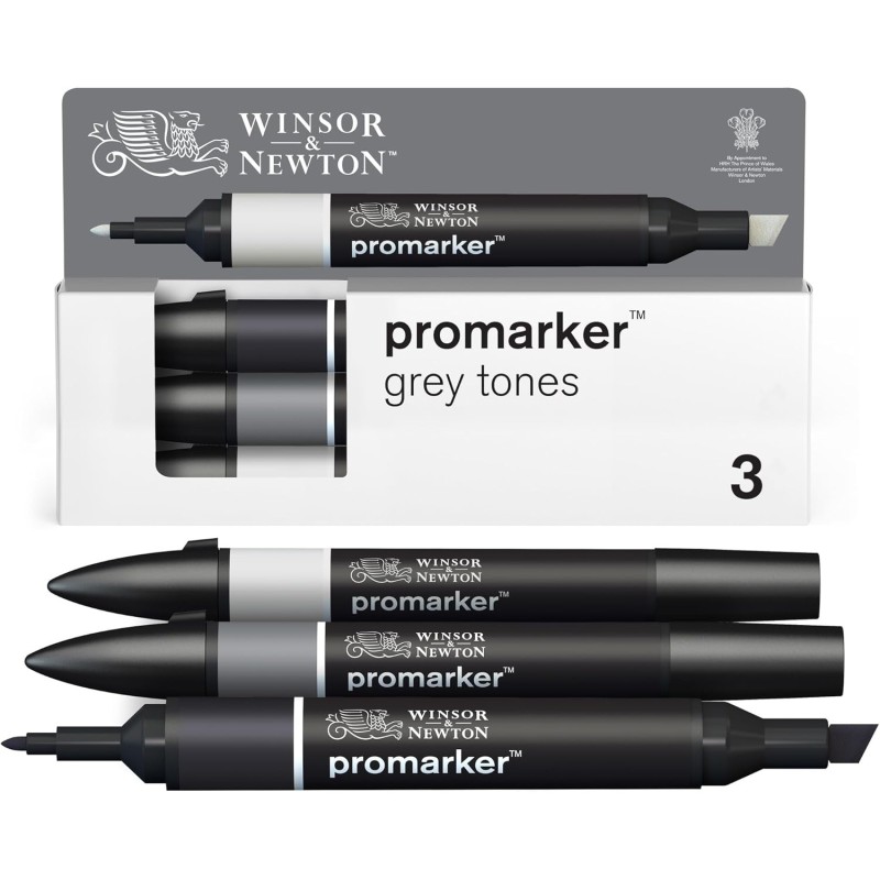Winsor & Newton 0290185 ProMarker Set - Grey Tones, 3 Layout Markers in a Set, with 2 Tips, Fine and Wide for Drawings, Design and Layouts