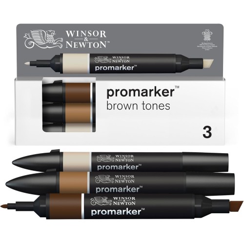 Winsor & Newton 0290184 ProMarker Set - Brown Tones, 3 Layout Markers in a Set, with 2 Tips, Fine and Wide for Drawings, Design and Layouts