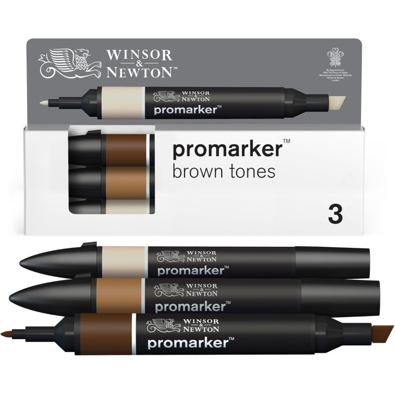 Winsor & Newton 0290184 ProMarker Set - Brown Tones, 3 Layout Markers in a Set, with 2 Tips, Fine and Wide for Drawings, Design and Layouts