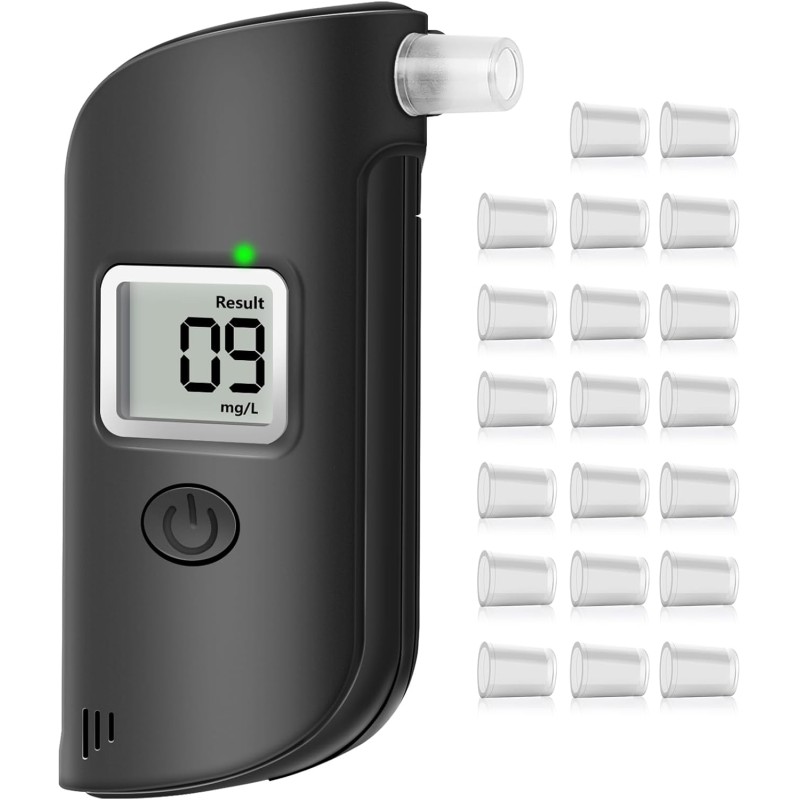 AiQInu Breathalyser Police Accurate, Breathalyser with Digital LCD Display, Professional Alcohol Meter with 20 Mouthpieces for Private Professional Use at Home