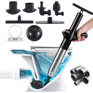 Wenbones Drain Cleaner Pump with Air Compression and Air Pressure Display, Compressed Air Pipe Cleaner with 4 Suction Cups, Toilet Plunger for Cleaning Pipes, Sinks, Bathrooms, Kitchens (Black)