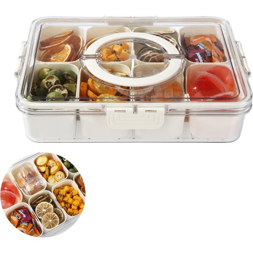 Snack Box with Compartments, Snack Bowl with Lid, Removable 8 Compartments, Snack Plate with Lid, for Spice Storage Containers, Sweets, Veggie, Biscuits, Nuts, Desserts, Suitable for Picnics and