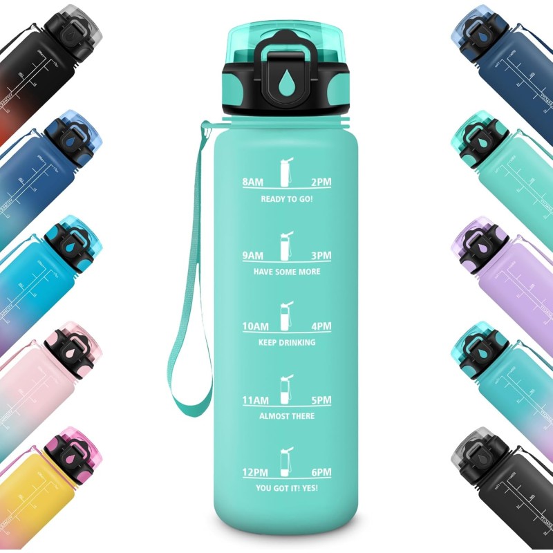 HoneyHolly Drinking Bottle 0.5/1/1.5 Litres, Leak-Proof, Sports Drinking Bottle, Motivational with Time Marking, Water Bottle with Filter, Suitable for Carbonated Drinks, for Fitness, Hiking