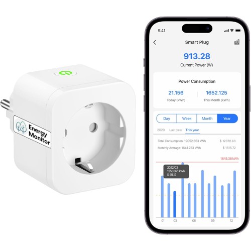 Meross WLAN Socket with Current Measurement, 16A Bluetooth Smart Socket Works with Alexa, Google Home, Smart Plug with Timer, Remote Control and Remote Control, Pack of 1