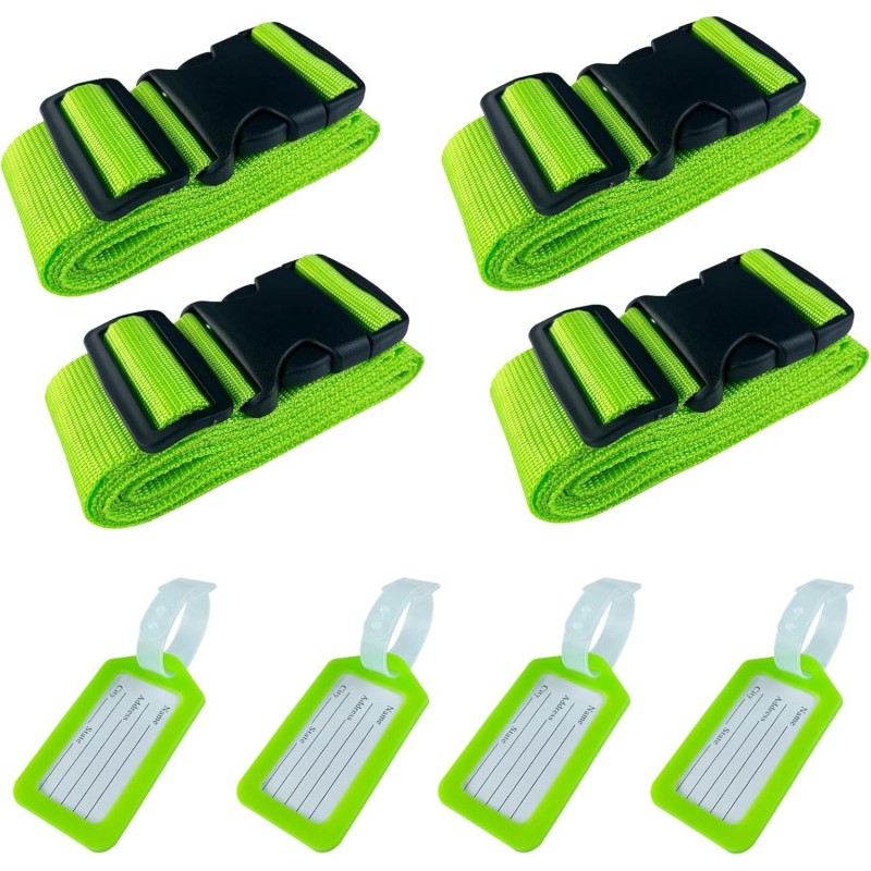 Gentpovth Pack of 4 Adjustable Luggage Straps with 4 Luggage Tags, Luggage Strap for Fixed Luggage for Air Travel, Personalised Luggage Strap for Quick Identification Luggage Travel Bag, Green