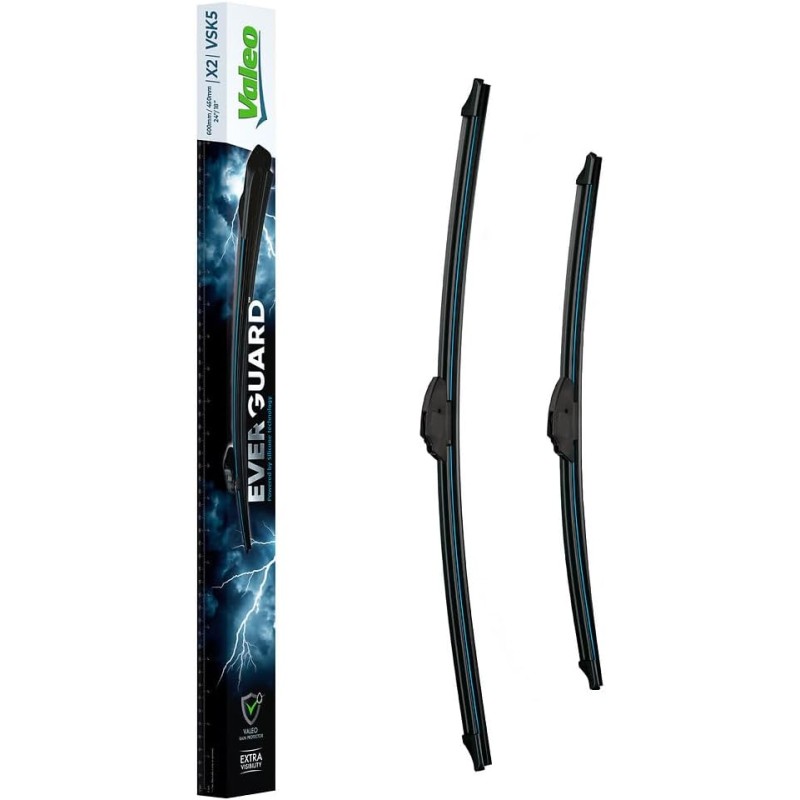Valeo Everguard - VSK5 - Premium Silicone Flat Bar Wiper Blade Kit with Extended Life X2, Lengths: 600 mm or 450 mm Front - Set x2-566021