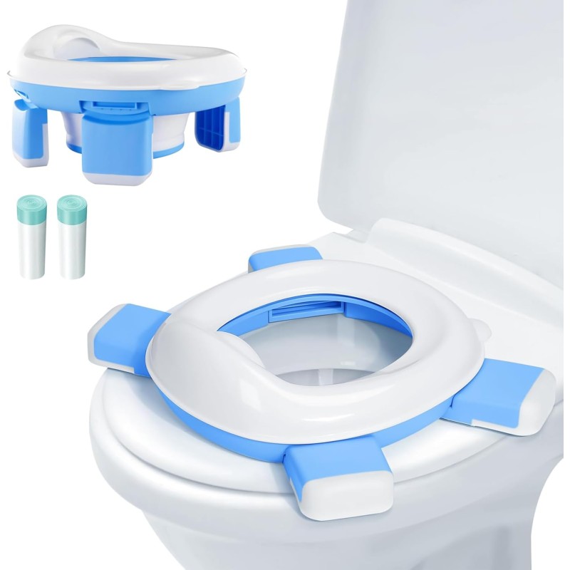 MINVOO Potty for Children 2-in-1 Foldable Toilet Seat Children Travel Potty Baby Potty Trainer Children's Toilet Children's Potty Training Potty for On the Go Home (Blue)