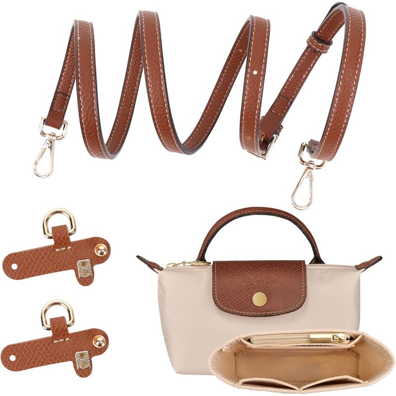 Shoulder Strap for Longchamp Women's Bag, Purse Organiser, No Punch, Adjustable Leather Replacement Strap, with Multiple Pockets, Handbags, Fits Mini Size, Brown-1.2, 0.9 cm