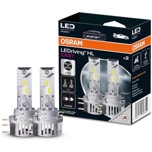 OSRAM LEDriving HL EASY H15 LED Bulbs High Beam Low Beam Cool White 6500K No Accessories Required Off-Road Use Only No ECE 2 Bulbs Cool White
