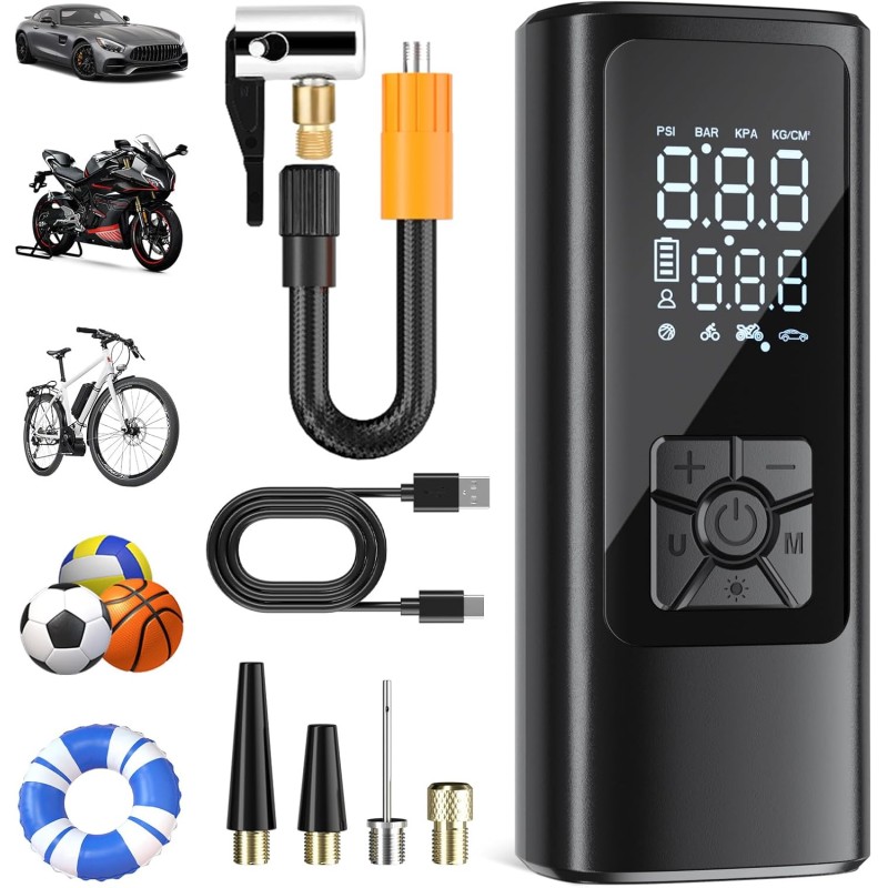 HOVVIDA Electric Air Pump, Bicycle Air Pump, Electric Air Pump Battery, Portable Bicycle Pump Battery, 150 PSI (10.3 Bar) 5V, Auto Shut-Off, LED, for Car, Motorcycle, Bicycle, Ball