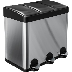 Amig - Triple Pedal Bin 45 Litre Mod. RECIK3-3 Removable 15 Litre Compartments - Kitchen Recycling Bin - Stainless Steel - 60 x 37 x 49 cm - Silver