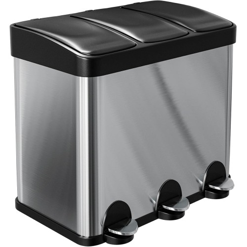 Amig - Triple Pedal Bin 45 Litre Mod. RECIK3-3 Removable 15 Litre Compartments - Kitchen Recycling Bin - Stainless Steel - 60 x 37 x 49 cm - Silver