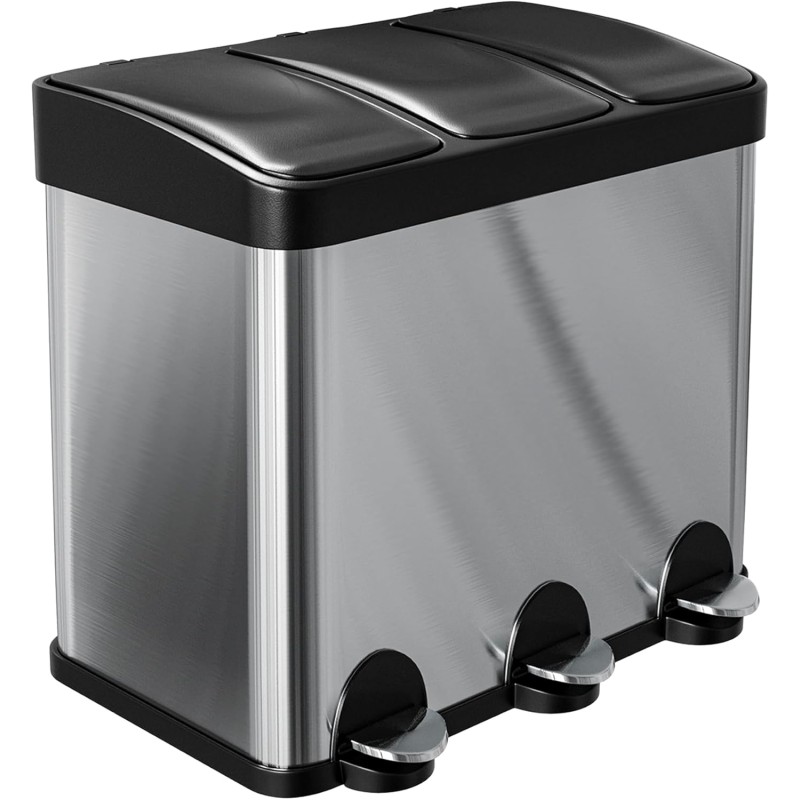 Amig - Triple Pedal Bin 45 Litre Mod. RECIK3-3 Removable 15 Litre Compartments - Kitchen Recycling Bin - Stainless Steel - 60 x 37 x 49 cm - Silver