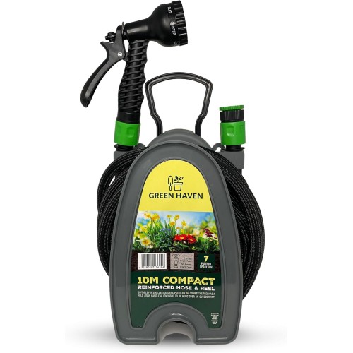 Green Haven Garden Hose Reel - 10m Lightweight Compact Hose with 7 Spray Nozzle Gun, Mini Hose Reel for Small Gardens, Balconies and Outdoor Cleaning (Reinforced)