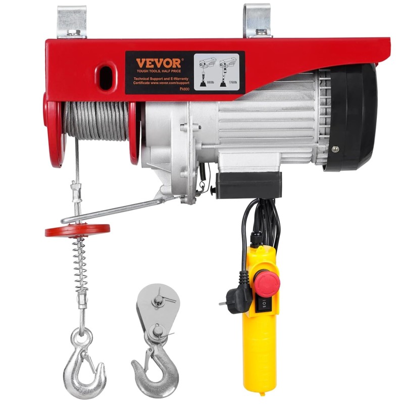 VEVOR Electric Winch, 800kg Motor Winch with 4.2m Wired Remote Control, 12m Lifting Height with Single Cable, Single/Double Loops, Emergency Stop, Hoist for Garage, Warehouse, Factory