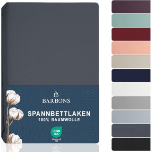 BARBONS Fitted Sheet 180 x 200 cm, 100% Cotton Fitted Sheet, OEKO-TEX Certified Bed Sheet, Jersey Bedding and Duvet Cover for Box Spring Bed and Thick Mattresses up to 25 cm, Dark Grey