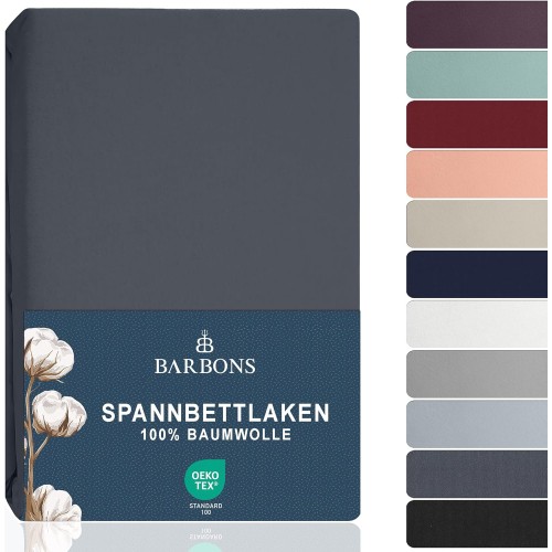 BARBONS Fitted Sheet 180 x 200 cm, 100% Cotton Fitted Sheet, OEKO-TEX Certified Bed Sheet, Jersey Bedding and Duvet Cover for Box Spring Bed and Thick Mattresses up to 25 cm, Dark Grey