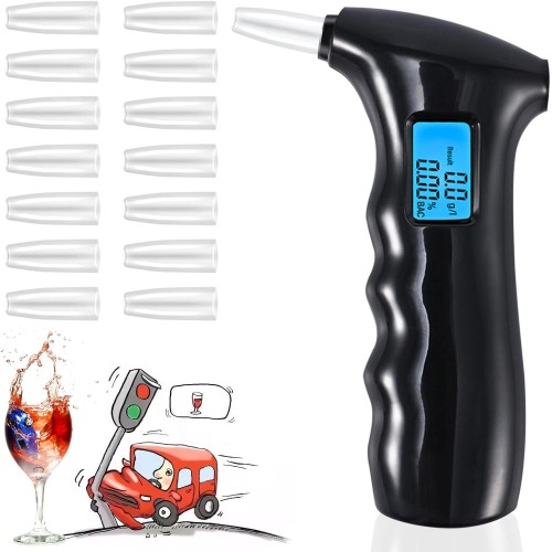 RUTIDA Alcohol Tester, Police Accurate Alcohol Meter with 14 Mouthpieces, Professional Alcohol Tester with Digital Blue LCD Display and Semiconductor Sensor Technology