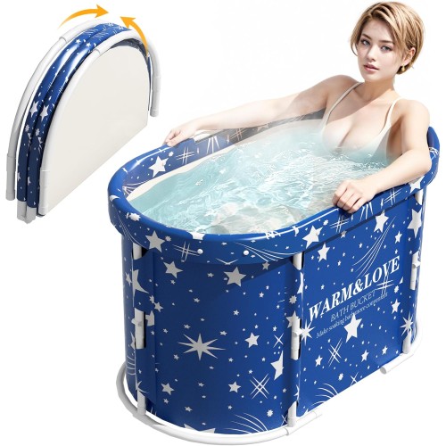 Foldable Bathtub for Shower, Freestanding Bathtub for Hot Bath and Ice Bath, Portable Ice Bath for Adults (Star Blue, Oval-Medium)