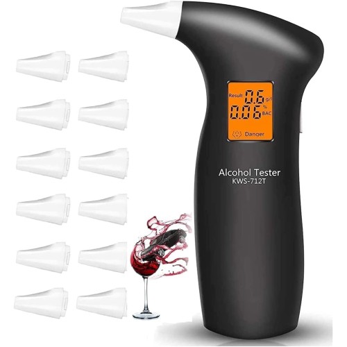 RUTIDA Alcohol Tester, Police Accurate Alcohol Meter with 12 Mouthpieces, Professional Alcohol Tester with LCD Screen and Semiconductor Sensor Technology