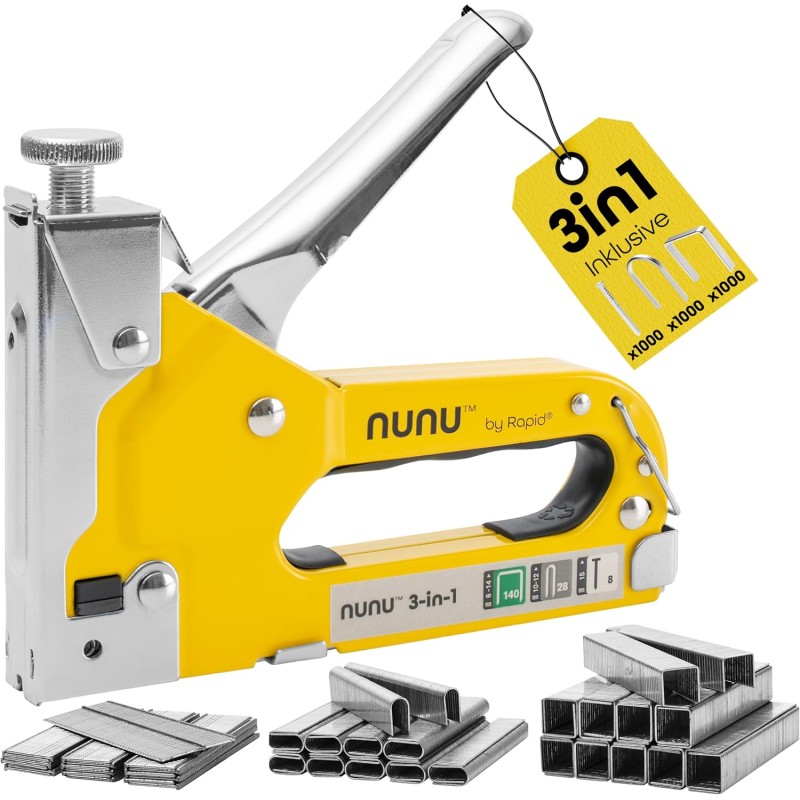 Rapid NUNU 3-in-1 Hand Stapler Set of 3000 Staples and Nails, Stapler for Wood, DIY Stapler Gun for Carpets & Furniture, Upcycling, Adjustable Impact Force and Ergonomic Design