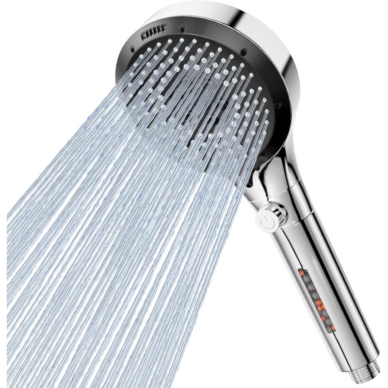 Vinabo Shower Head with Filter, Shower Head Water-Saving 6 Jet Types, Hand Shower with Filter Stone, Shower Head with Water Stop Button (Silver/Chrome)