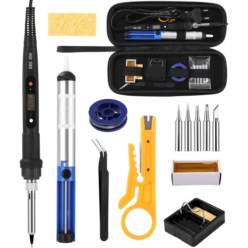 Zhufas Soldering Iron Set, 80 W LCD Soldering Iron Adjustable Temperature 180-480 °C with Desoldering Pump, with Soldering Wire, 5 Soldering Tips, Soldering Iron Stand, Soldering Set for Electrical