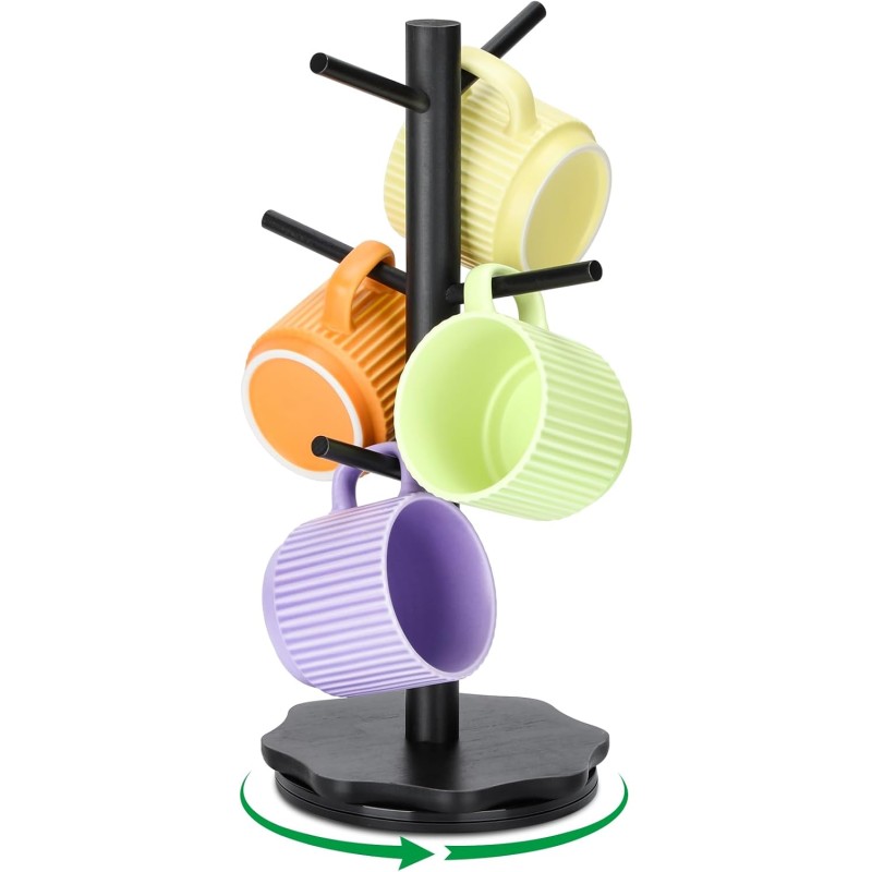 Euqvunn 360° Rotating Cup Holder, Coffee Cups Cup Stand, Sturdy Pretzel Stand with Wooden Flower Shaped Base, Wooden Cup Rack for Kitchen and Coffee Bar, Pretzel Stand with 6 Hooks - Black